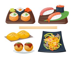 Sushi japanese cuisine traditional food flat healthy gourmet icons and oriental restaurant rice asia meal plate culture roll vector illustration.