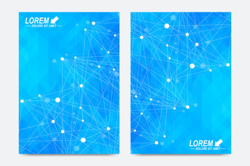 Modern vector template for brochure, Leaflet, flyer, advert, cover, catalog, magazine or annual report. Geometric background communication. Scientific particle compounds. Lines plexus. Card surface.