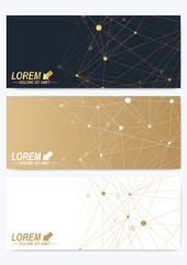 Modern set of horizontal cards. Geometric golden presentation. Template for banner, business card, greeting card. Lines plexus. Card surface. Minimalistic chaotic design.