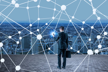 young businessman and communication network concept. 3D rendering. abstract mixed media.