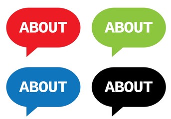 ABOUT text, on rectangle speech bubble sign.