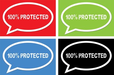 100 PERCENT PROTECTED text, on ellipse speech bubble sign.