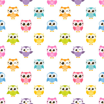 pattern with colorful funny owls