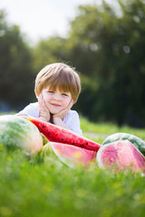 Funny kid eating watermelon outdoors in summer park.