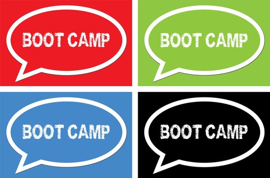BOOT CAMP text, on ellipse speech bubble sign.