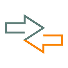 Icono plano flechas dos direcciones gris y naranja en fondo blanco