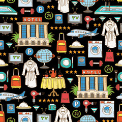 Pattern with hand drawn colored symbols of hotel on black color. Pattern on the theme of recreation, travel,tourism