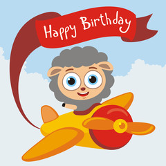 Happy Birthday! Funny sheep flies on airplane with greeting on red ribbon. Card for birthday with little sheep in cartoon style.