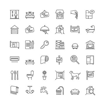Real estate related vector outline icons set