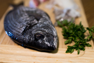 Bream,squid with parsley on cutting board