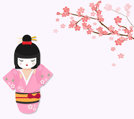Cute Japanese doll with cherry tree branch