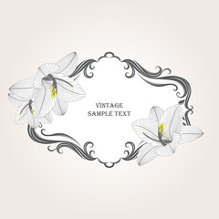 Floral frame in vintage style with hand-drawn flowers lilies