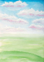 Fototapeta na wymiar watercolor illustration of landscape with clouds and green grass field meadow
