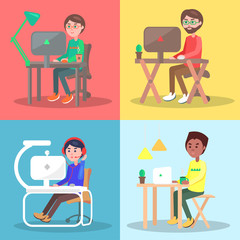 People at The Table Working on Computer Vector Set