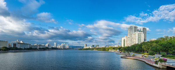 Fototapeta premium Panoramic view of Lichun river in sunny day. Sanya city on Hainan Island of China