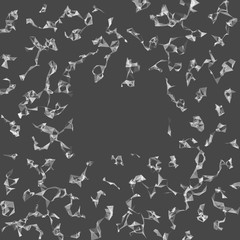 Abstract vector monochrome mesh background. Chaotically connected points and polygons flying in space. Flying debris. Futuristic technology style card. Lines, points, planes. Futuristic design.
