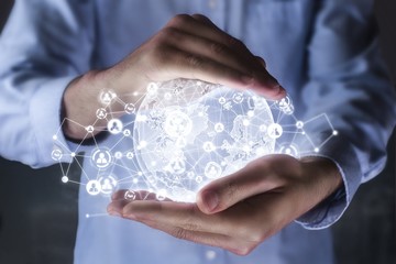 businessman hand showing world with digital social media network diagram concept