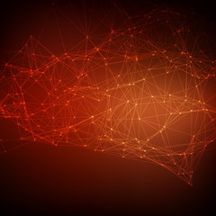 Abstract vector red mesh background. Chaotically connected points and polygons flying in space. Flying debris. Futuristic technology style card. Lines, points, circles and planes. Futuristic design.