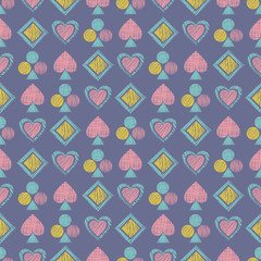 Seamless vector geometrical pattern with icons of playing cards. background with hand drawn textured geometric figures. Pastel Graphic illustration Template for wrapping, web backgrounds, wallpaper