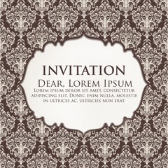 Wedding invitation and announcement card with vintage background artwork. Elegant ornate damask background. Elegant floral abstract ornament. Design template.
