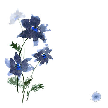 Watercolor Hand Painted Background With Dark Blue Flowers
