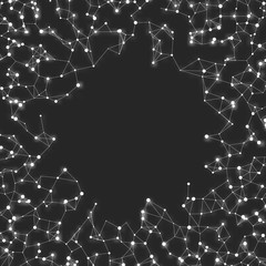 Abstract vector mesh background. Chaotically connected points and polygons flying in space. Flying debris. Futuristic technology style card. Lines, points, circles and planes. Futuristic design.