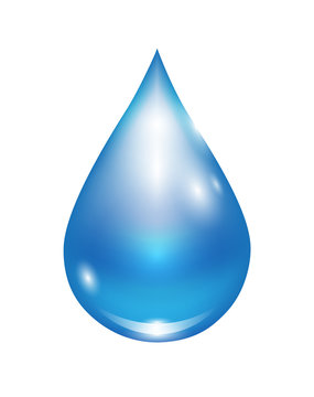 Blue water drop in light realistic vector illustration isolated on white background