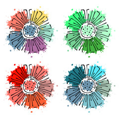 Vector floral set, graphic illustration. Flowers with leaves isolated on the white background. Hand drawn contour lines and strokes with splash, drops, spot. Outline drawing