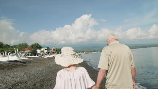 Incredibly touching pair of elderly people walking along the seaside