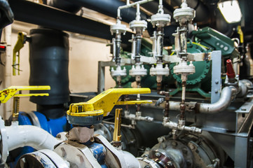 Industrial, steel pipe lines valves in ship&rsquo;s engine room