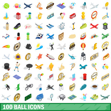 100 ball icons set, isometric 3d style