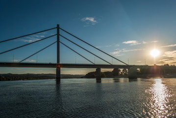 Brige of Liberty crossing the Dunabe river in Novi Sad, Vojvodina, Serbia, view from the river, under the bridge