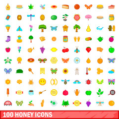 100 honey icons set, cartoon style