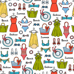 Pattern with hand drawn colored summer dresses, swimsuits, accessories for women. Pattern on the theme of fashion