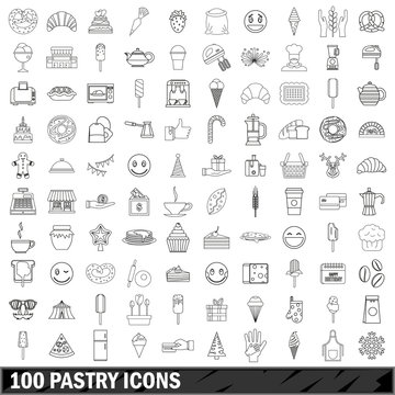 100 pastry icons set, outline style