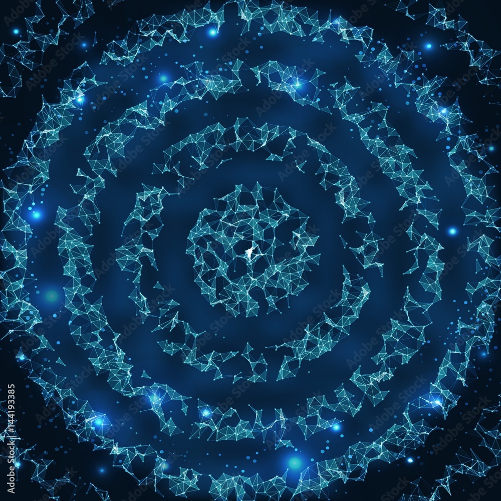 Poster abstract vector mesh background. chaotically connected points and polygons flying in space. flying d