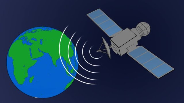 Animation of graphic communication satellite sending with spinning earth blue. Abstract illustration of orbiting data sending space vehicle. Others in portfolio in 3d at 4K.