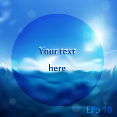 Infographics advertising banner template. Blurred blue sea background, round frame. Vector