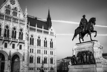 Fototapeta na wymiar Budapest, Hungary - December 31, 2016: Parliament building in Budapest, with details on the facade and monuments of the building