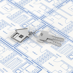 Haus mit Schlüssel auf Grundriss oder Bauzeichnung