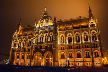 Budapest, Hungary - January 01, 2017: Hungarian Parliament building in Budapest, night photo
