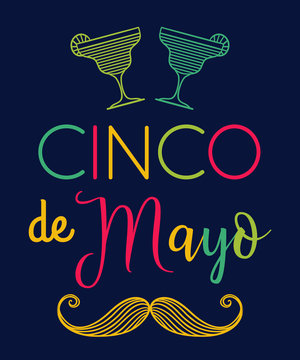 Cinco de mayo. Typography poster with mustache and margarita cocktails. Hand drawn vector illustration