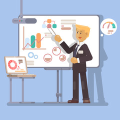 Business seminar speaker doing presentation and professional Flat vector illustration 