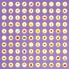 100 birthday party icons set in cartoon style