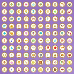 100 charity icons set in cartoon style