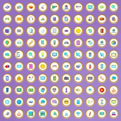 100 computer network icons set in cartoon style
