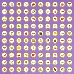 100 national cuisine icons set in cartoon style