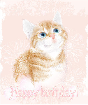 Happy birthday card with little kitten the red marble coloring.  Ginger fluffy kitten. Portrait oh the cat.