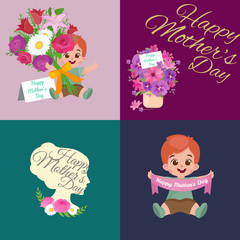 Set of Happy mothers day cards with greeting text and kids, baby boy and girl with bouqkuet of flowers in flat style, lettering mom celebration poster background design vector illustration