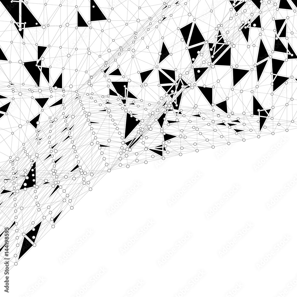 Poster abstract vector mesh background. chaotically connected points and polygons flying in space. flying d